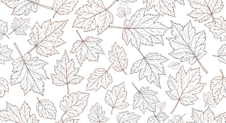 Fototapeta premium A beautiful and detailed seamless pattern featuring various autumn leaves in a delicate brown dotted outline against a pure white background.