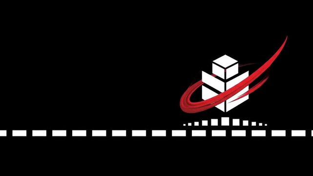 Abstract 3D Cube with Red Swirl and Dots on Black Background.