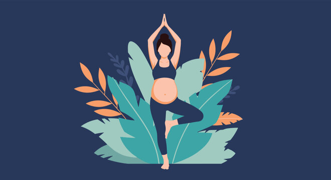 An illustration of a serene pregnant woman practicing yoga in a tree pose amidst lush green leaves, embodying prenatal wellness and mindfulness. - Powered by Adobe