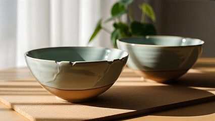 Two handcrafted ceramic bowls on a wooden surface bathed in natural light showcasing their unique textures and earthy tones.