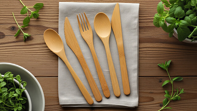 Ecofriendly bamboo cutlery set on a wooden table with fresh herbs promoting sustainable living and zerowaste dining.