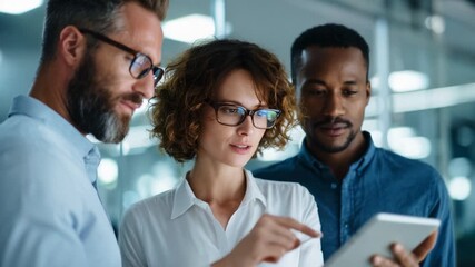 A group of three diverse professionals engaged in a collaborative discussion, analyzing data on a tablet device. Their focused expressions indicate teamwork  - Powered by Adobe