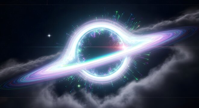 Illustration of stunning visualization of a glowing black hole surrounded by a bright accretion disk and cosmic dust clouds in deep space