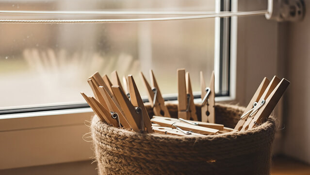 Wooden clothespins in a woven basket by a window with a clothesline. - Powered by Adobe