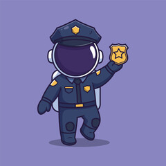 Cute Vector Illustration of an Astronaut in Police Uniform Holding Badge on Purple Background