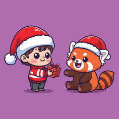 Cute Vector Illustration of a Child Giving Gift to Red Panda in Santa Hats on Purple Background