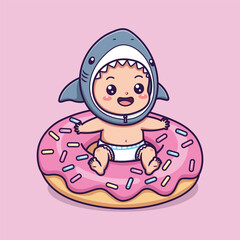 Cute Vector Illustration of a Baby in Shark Costume Sitting Inside Pink Frosted Donut with Sprinkles on Light Pink Background