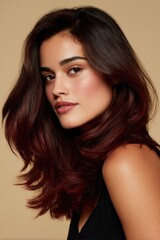 Naklejka premium Luxurious Warm-Gold Beauty Shot of a Confident Middle Eastern Woman with Dark-to-Red Ombre Hair and Radiant Olive Skin 