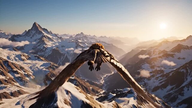 A majestic creature, an avian hybrid with lion-like features, soars over snow-capped mountains