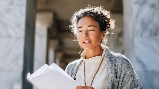 A thoughtful woman in a cozy sweater stands gracefully in an elegant marble setting, holding a stack of papers, embodying confidence, contemplation, and poise amidst an intellectual endeavor.