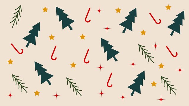 Christmas Pattern animation. Christmas trees, candy canes, stars, and green fir branches blending for festive holiday designs, greeting cards, social media posts.