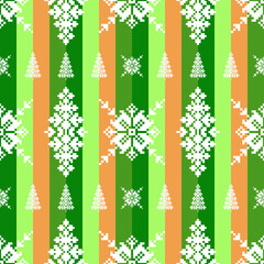 A pixel art style holiday festival pattern blends with white snowflakes and christmas trees on colorful retro vertical stripes background. Christmas and winter seamless pattern.