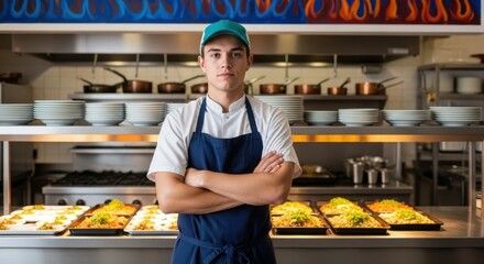 Confident young chef standing in front of a busy restaurant kitchen