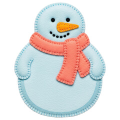 Adorable light blue felt snowman figure wearing a salmon scarf on transparent background