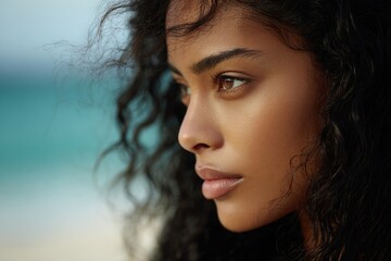 Elegant Tropical Beauty Shot of a Curly-Haired Polynesian Woman Highlighted by Soft Natural Lighting Against a Fresh Pastel Blue Background