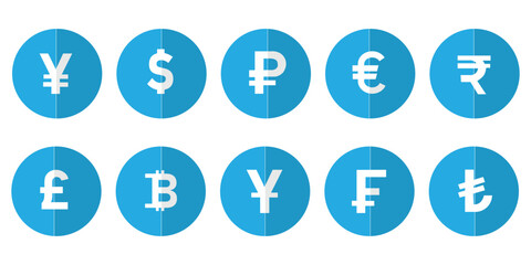 Currency symbols icons set. Vector illustration of coins with international currency symbols. Dollar, Euro, Pound, Rupee, Franc, Ruble, Yen, Won, Lira, Riyal, New shekel, Baht, Colon, Peso,