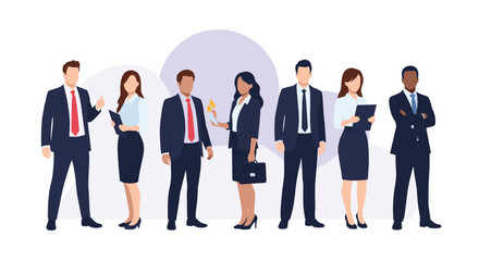 Fototapeta premium A diverse group of business professionals stands together in a line, ready for a meeting.