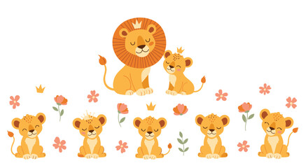 Cute lion family with cubs and flowers in a gentle illustration.