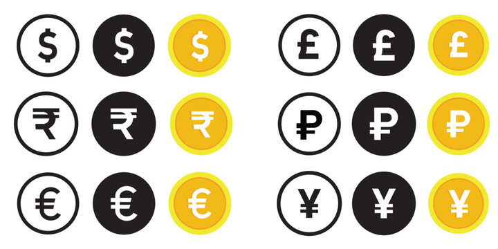 Currency symbols icons set. Vector illustration of coins with international currency symbols. Dollar, Euro, Pound, Rupee, Franc, Ruble, Yen, Won, Lira, Riyal, New shekel, Baht, Colon, Peso,