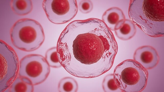 Microscopic view of red human cells with nuclei floating in pink background biology