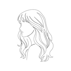 Continous line art woman  side profile with long wavy hair and soft fringe, stylish salon outline