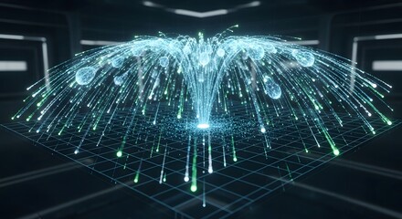 Illustration of abstract digital data flow visualization with glowing blue particle fountain in dark futuristic environment