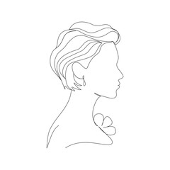 Continous line art woman  side profile female with sculpted short wavy hairstyle, elegant and simple