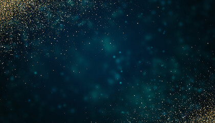 Elegant dark teal background with a frame of golden glitter dust particles creating a magical and festive atmosphere for a luxury design concept