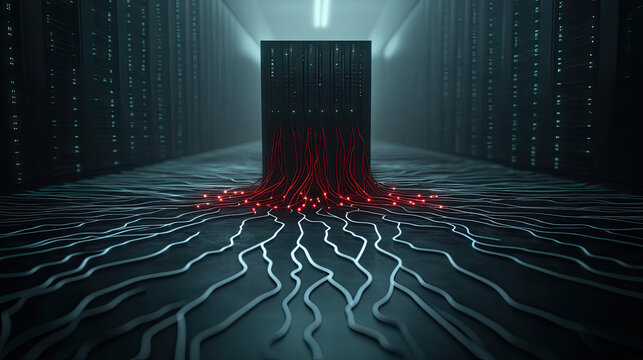 A futuristic digital design featuring a binary code background and pattern of blue light representing data and internet communication concept