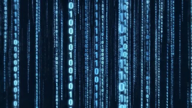 Digital rain of blue binary code streaming down a dark background representing data flow and technology concept