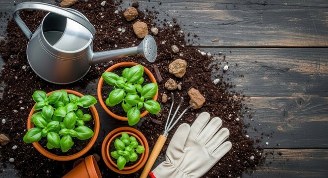 Fresh basil plants in terracotta pots with gardening tools - Powered by Adobe