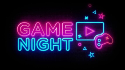 Neon game night sign displays controller and play button icons glowing brightly on a dark digital background. - Powered by Adobe