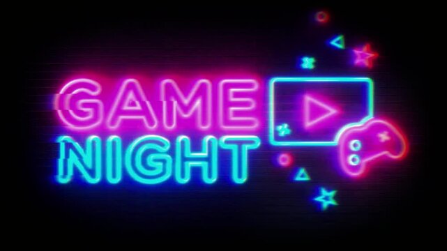 Neon game night sign displays controller and play button icons glowing brightly on a dark digital background.