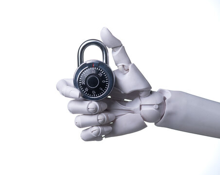 Top Level Security: Robot Hand Holding Code Lock with Thumbs Up on White Background - Powered by Adobe
