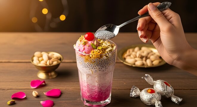 A hand garnishing a colorful layered falooda dessert in a tall glass with ice cream, pistachios, and a cherry on top.