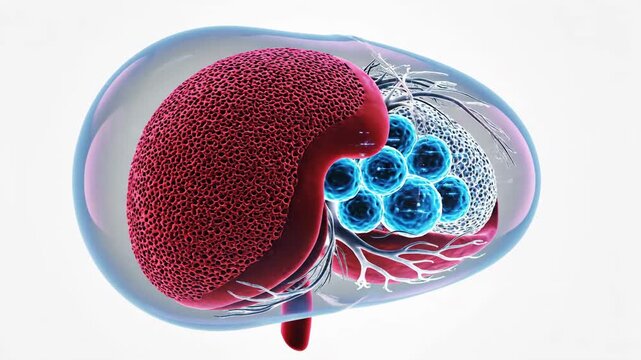 Detailed 3D illustration of the spleen's internal structure, highlighting red and white pulp.