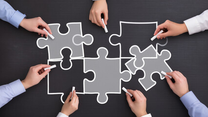 Finding solution of business relationship, Successful business team concept and Businessmen drawing puzzle pieces on chalkboard