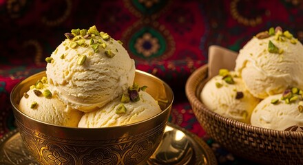 Kulfi ice cream scoops with pistachios traditional Indian dessert in a golden bowl delicious treat