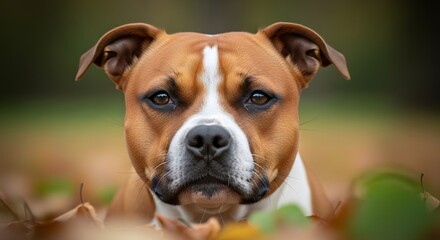 Portrait of a brown and white American Staffordshire Terrier focused gaze in autumn leaves dog photo