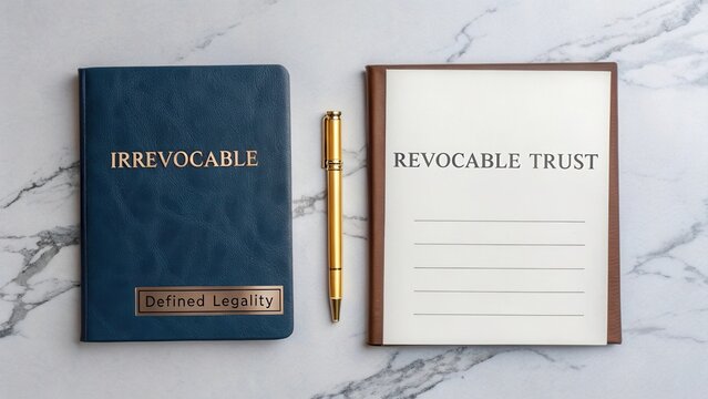 Irrevocable Trust and Revocable Trust Documents on Marble Surface with Gold Pen for Estate Planning and Legal Documentation