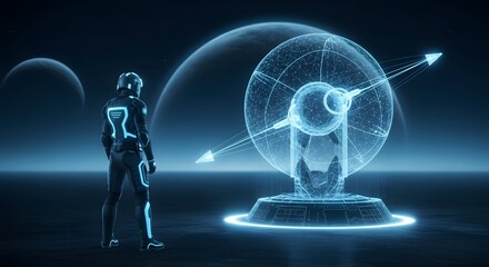 Illustration of futuristic astronaut in glowing suit observes a complex holographic projection of a digital sphere in a dark environment