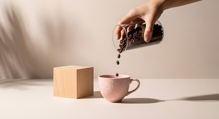 Pouring coffee beans into a pink cup minimalist aesthetic with shadows perfect for morning routines 