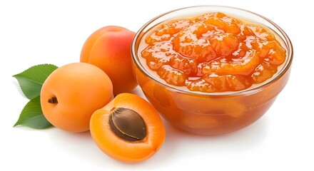 Apricot jam in a glass bowl fresh apricots with leaves isolated on white background