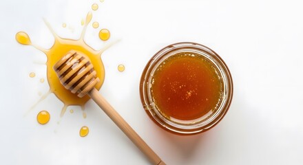Overhead view of honey dipper honey splash and honey in a bowl isolated on white