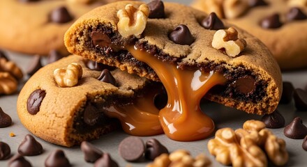 Delicious caramel stuffed cookies with walnuts and chocolate chips a tempting dessert perfect for a 