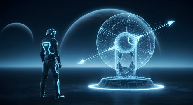 Illustration of futuristic astronaut in glowing suit observes a complex holographic projection of a digital sphere in a dark environment - Powered by Adobe
