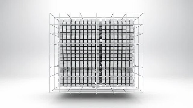 Grid Enclosure: A futuristic digital abstract of interconnected cubes, contained within a wireframe enclosure, evoking themes of structure, data, and spatial organization. 