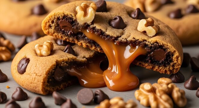 Delicious caramel stuffed cookies with walnuts and chocolate chips a tempting dessert perfect for a 