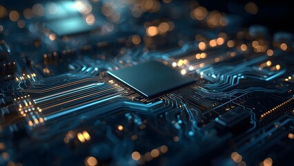 Futuristic microchip close-up, representing high technology and data processing