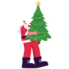 Santa Clause CharacterSanta hugs a decorated Christmas tree with star and garland, festive winter character for holiday greetings and promotions. Isolated on background
